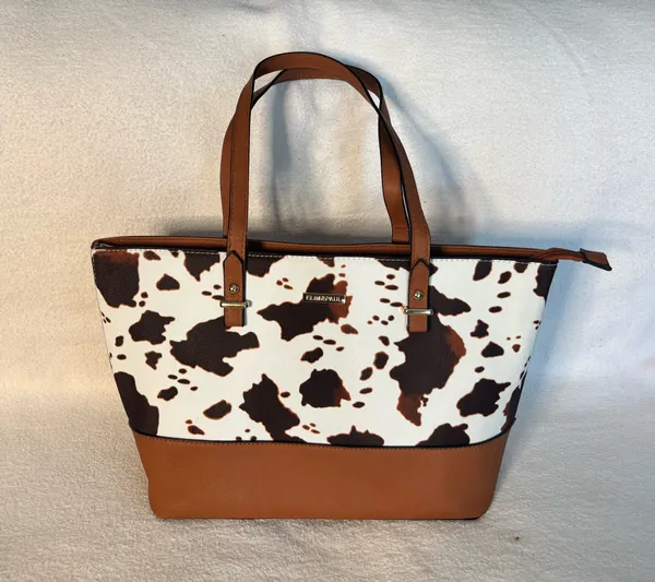 Elin & Paul Tote Bag/Brown Cowhide Print PU Leather Shoulder Bag - Image 7