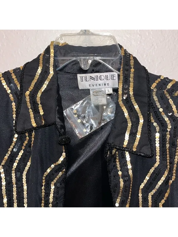 Vintage Evening mini dress Black Gold Heavy Sequin Formal Jacket Blazer Formal - Image 4