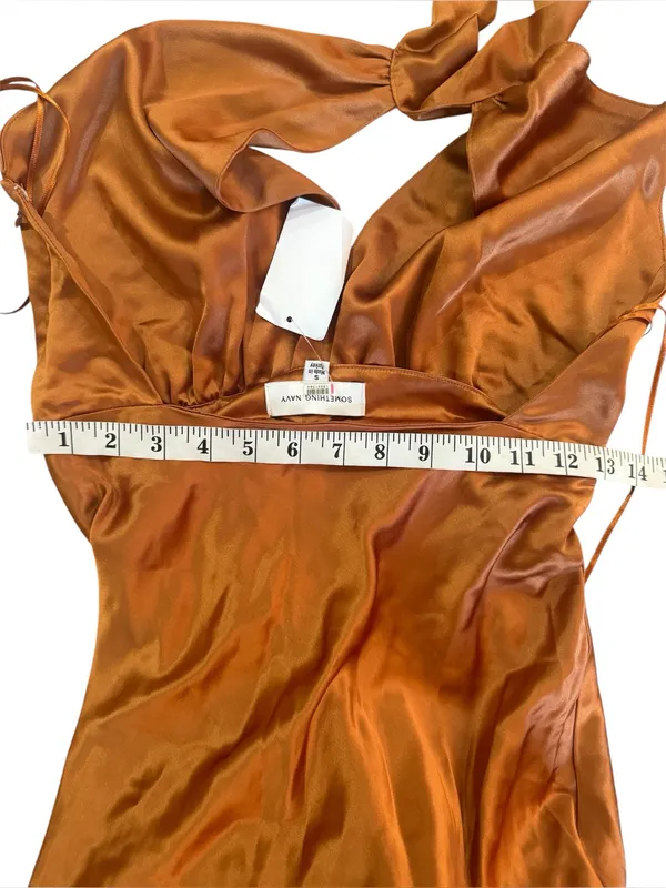 Something Navy Orange Halter Cutout Formal Bridesmaid Wedding Guest Gown Size S - Image 11