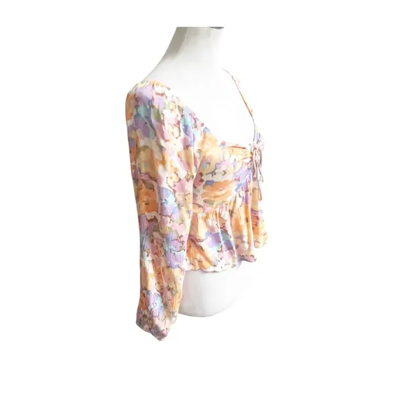 Billabong Blouse Womens Medium Multicolor Floral Smocked Cropped Sweetheart Neck - Image 4