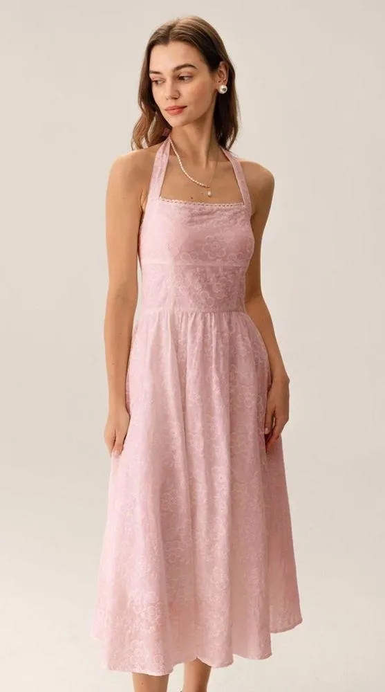 Rihoas Pink Embroidery Halter Midi Dress - Image 2