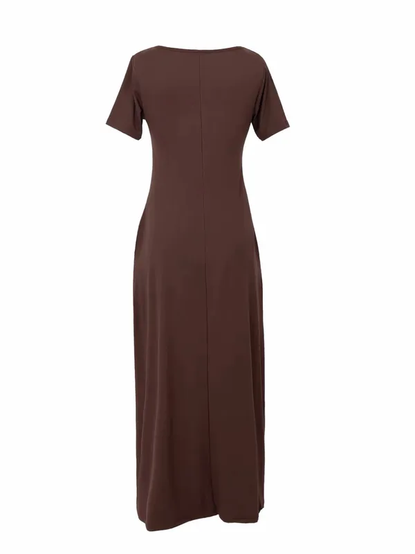 Women's round-Neck Short Sleeve Maxi Dress - Brown - Image 2