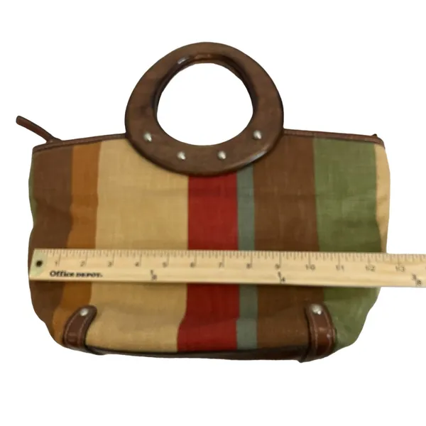 Fossil Multi Colored Striped Leather Trim Wood Handle Satchel Purse - Image 11