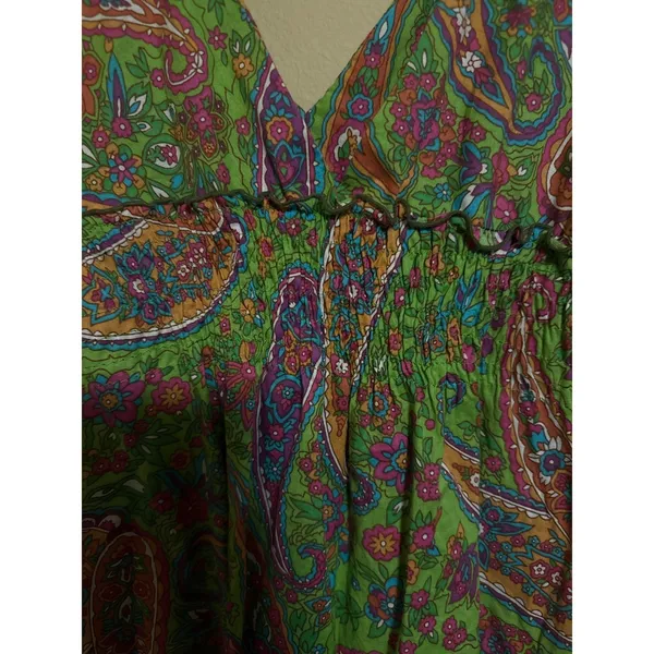 100% Cotton Paisley Mini Dress Green Boho V-Neck Wooden Ring Womens M western‎ - Image 7
