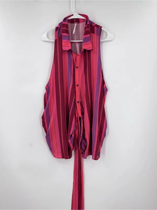Free People Sleeveless Striped Button-Front Tie-Hem Top in Pink & Purple - Image 3