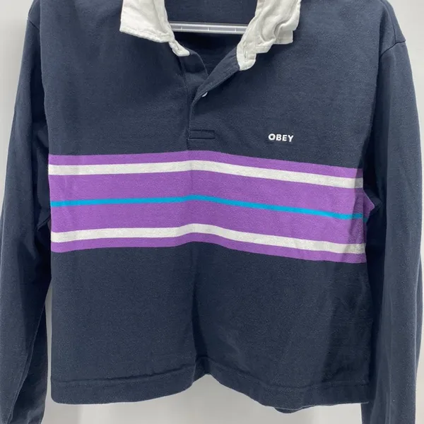 OBEY Riley LS Polo purple cropped oversized striped rugby 100% cotton size XL - Image 4