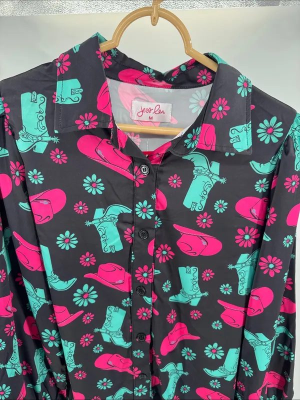 Jess Lea Black Mini shirt Dress with Pink & Teal Western Print M cowboy boots - Image 3