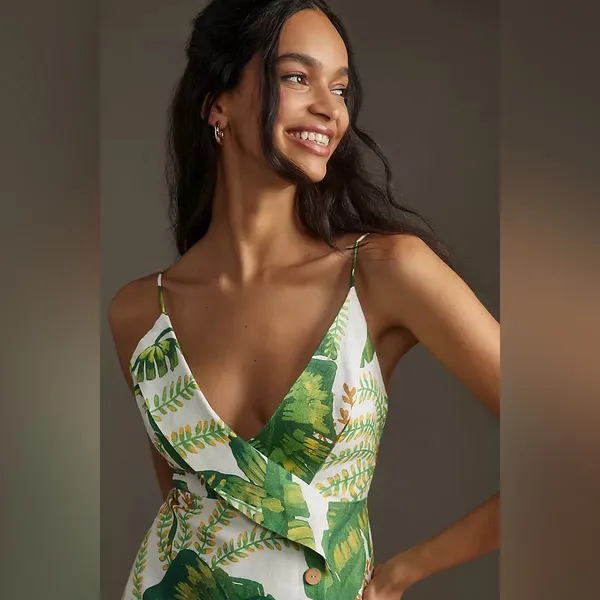 Farm Rio Tropical Forest Linen Mini Dress Green XS - Image 4