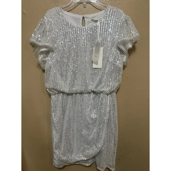 Grace Kari‎ Women Silver Sequin Tulle Flutter Sleeve Ruched Waist Party Dress L - Image 6
