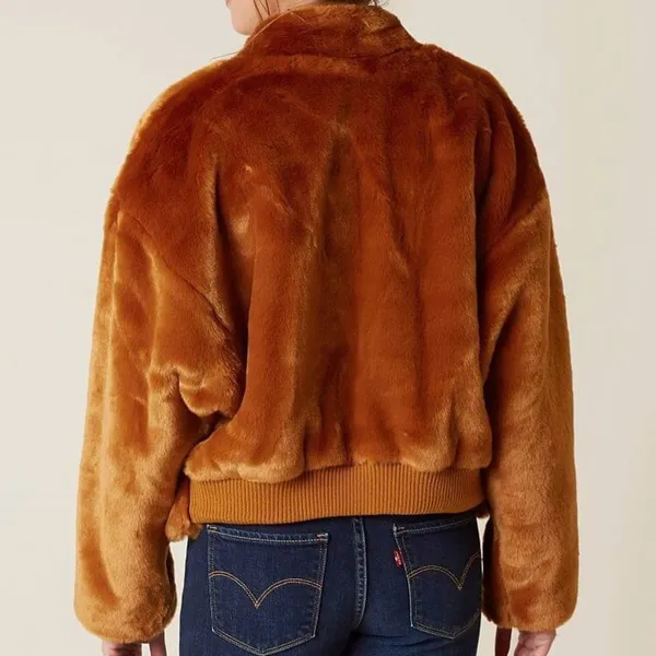 Free People $168 Faux Fur Furry Bomber Jacket Terracotta Golden Brown Size S - Image 3