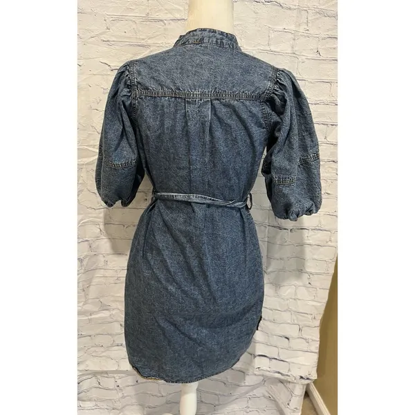 Rebellion denim puff sleeve button down short shirt dress with a tie waist S - Image 4