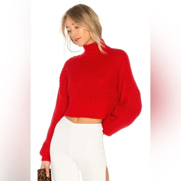 Lovers + Friends‎ Revolve Union Red Chunky Knit Cropped Mockneck Sweater size L - Image 3