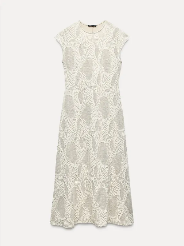 Zara Textured Cream & Beige Abstract 3D Knit Cap Sleeve Midi Dress Size Small - Image 9