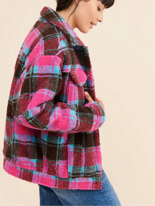 APPARIS Women XS Plaid Sherpa Teddy Trucker Jacket Pink Blue Faux Shearling - Image 6