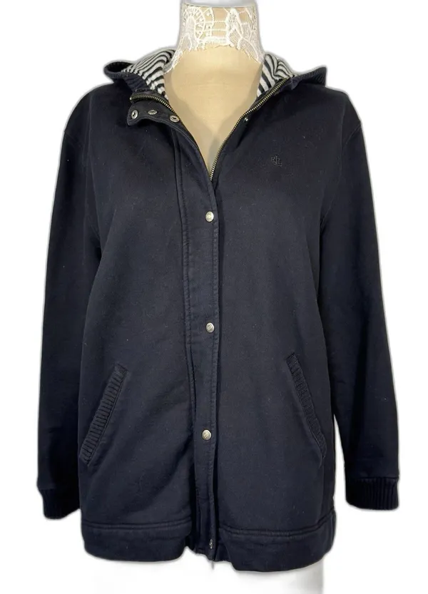 Lauren Ralph Lauren Womens XL Black Cotton Hooded Jacket Full Zip Snap Y2K - Image 3