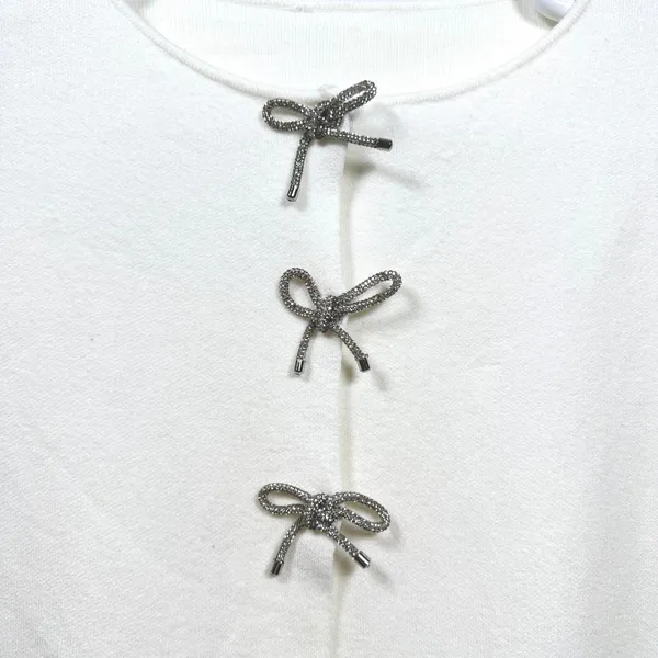 Bow‎ Front Cardigan Sweater Rhinestone Textured Knit Winter White Women's L - Image 3