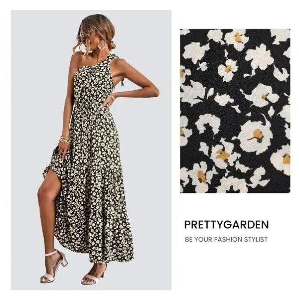 Prettygarden Maxi Dress One Shoulder Floral Print Ruffle‎ Hem Black Size S - Image 2