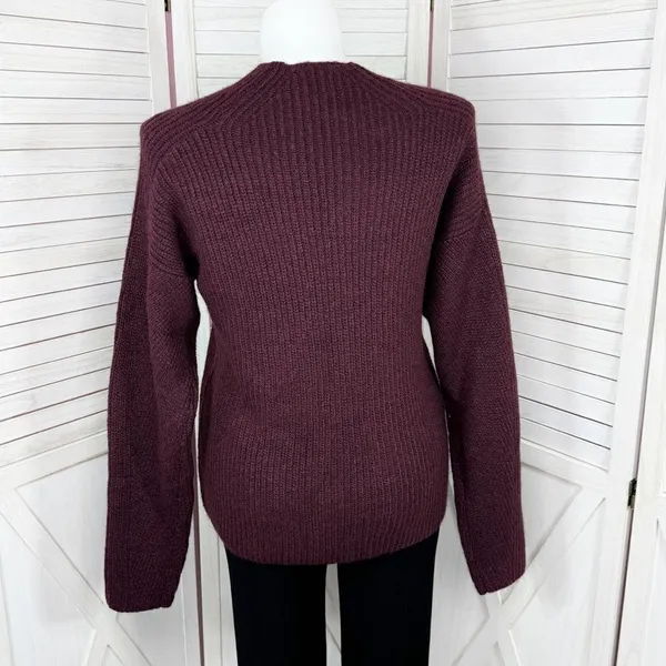 Dip Open Crew Neck Ribbed‎ Knit Wool Blend Sweater Burgundy Red Large - Image 4