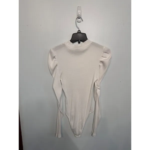 SHEIN Womens White Ribbed Mock Neck Puff Shoulder Long Sleeve Bodysuit Large - Image 2