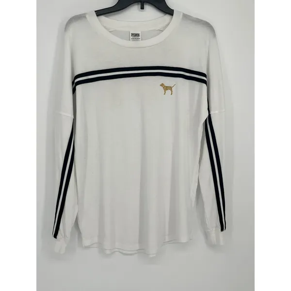 PINK - Victoria's Secret Gold Sequin Dog Campus Oversized‎ Tee Women XS White Black - Image 3