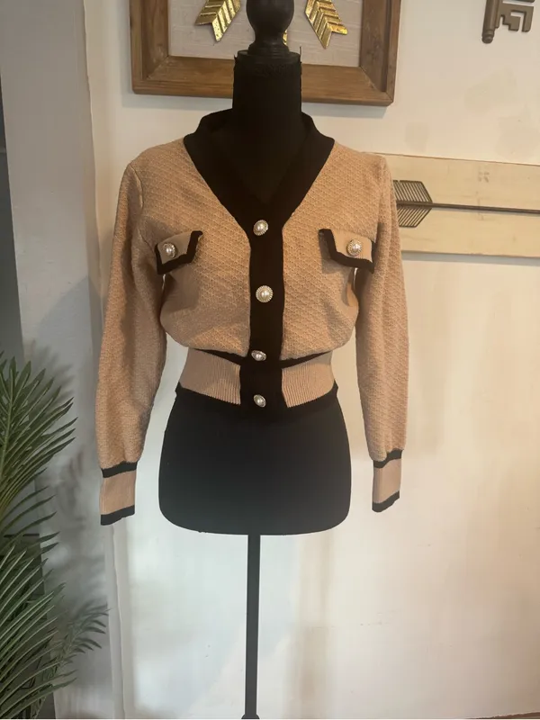 Womens Beige Contrast Trim Button Cardigan Blazer Tan Size XL - Image 3
