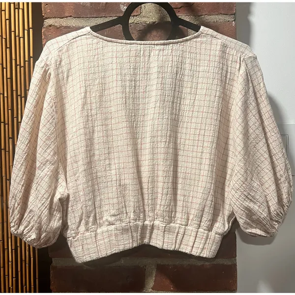 Zara 90s Minimal Plaid Wrap Crop Top Puff Sleeve Blouse S - Image 4