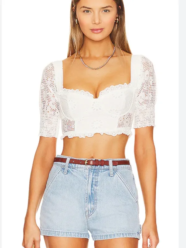 More To Come Kallie Crop Top Eyelet Lace Embroidered White XS $68 Revolve - Image 2
