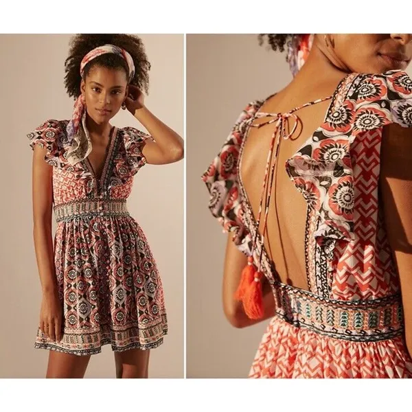 Anthropologie Beaded & Embroidered Flutter‎ Sleeve Mini Dress Size 2 - Image 2