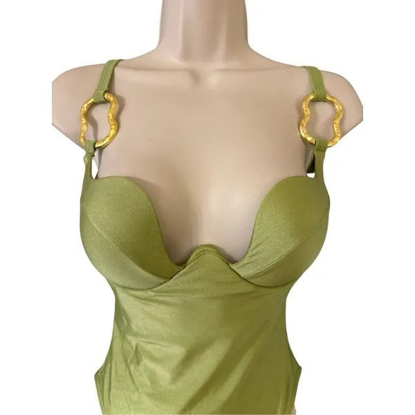 Olive green one piece swimsuit gold tone metal accents size small - Image 2