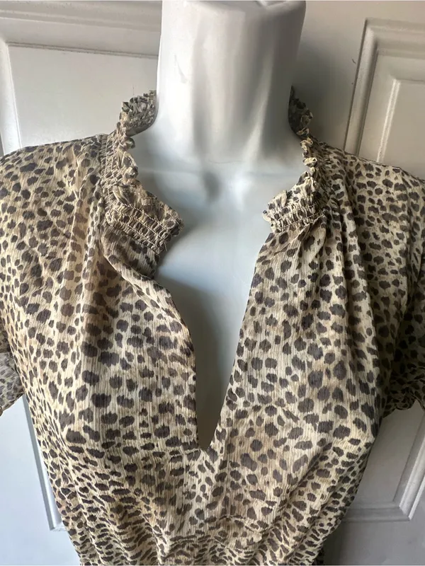 Lovestitch Leopard Print High Low Midi Dress L Boho Chiffon Ruffle Tiered - Image 9