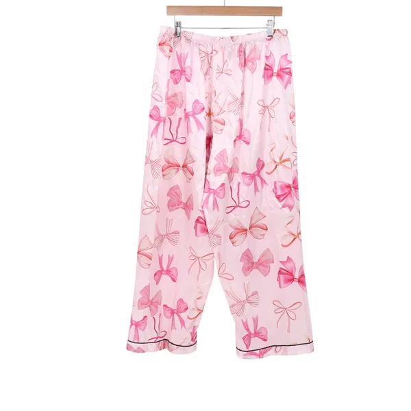 SHEIN Pajama Set Womens 2XL Bow Print Pink Button-Down Satin Long Sleeve Exc - Image 8