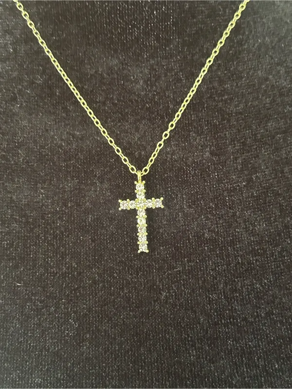 Gold Alloy Crystal Cross Pendant Necklace Cable Chain Lobster Clasp 15.75" Adj - Image 4