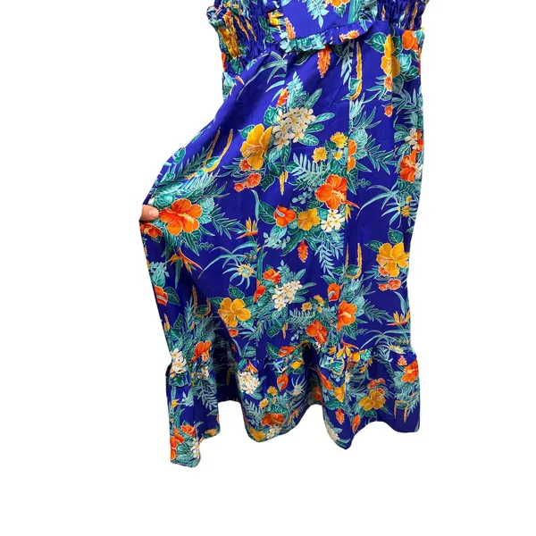 Vintage Liberty House of Hawaii Blue Floral Tropical Ruffle Satin Midi Sundress - Image 3