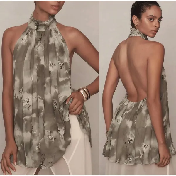 Anthropologie Sage Green Abstract Floral High Neck Open Back Halter Top Size M - Image 2