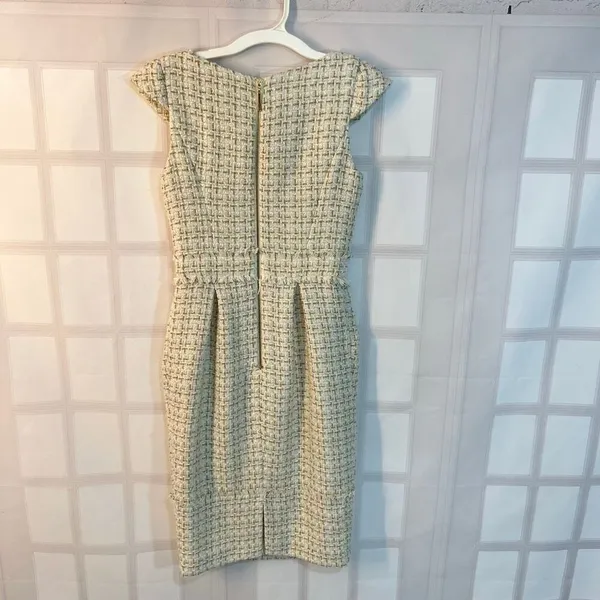 Badgley Mischka White Gold Tweed Boat Neck Cap Sleeve Sheath Dress Size 0 - Image 6