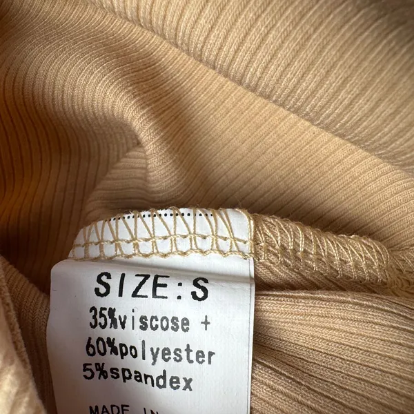 MISSUFE Ribbed Square‎ Neck Puff Sleeve Bodysuit Tan S - Image 4