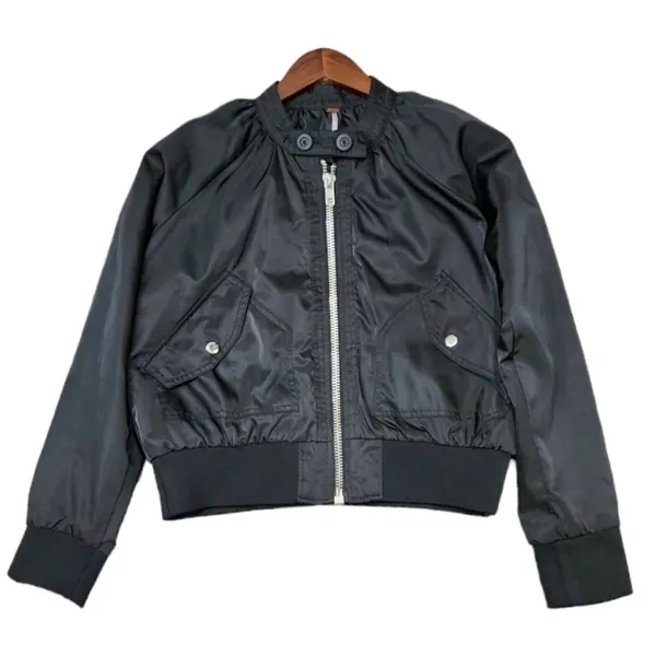 FREE PEOPLE Black Midnight Satin Full Zip Oversized Bomber Jacket L - Image 5