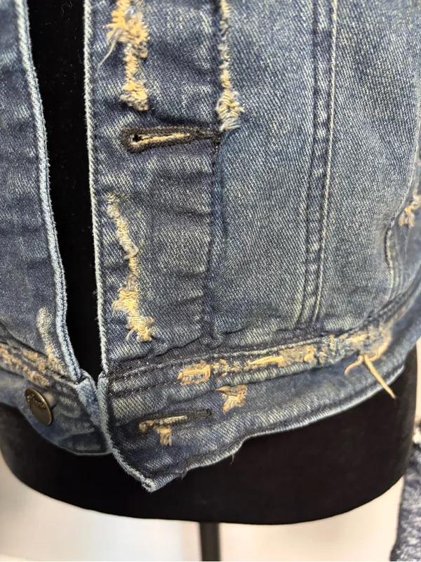 Free People Distressed Denim Jean Jacket W/ Knit Sleeves & Hood - Image 5