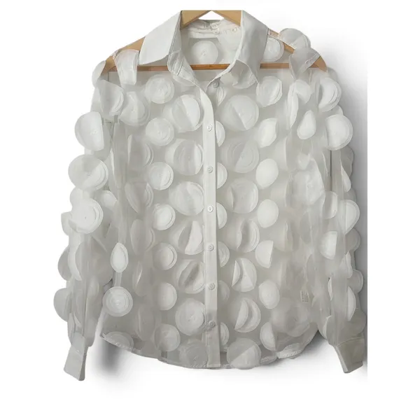 White Sheer Mesh 3D Applique Floral Button Down Blouse Long Sleeve Top M - Image 4