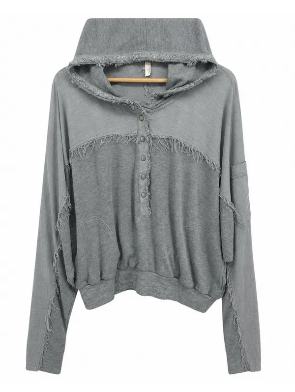 FP Movement by Windy Meadows Washed Gray Frayed Henley Hoodie - Image 3