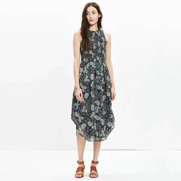 Ulla Johnson‎ Gili Gray & White Floral Smocked Midi Dress 4 - Image 2