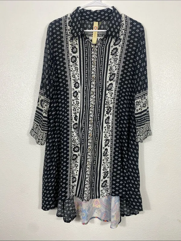 Anthropologie by Cyrena Boho Purple Printed Button-Front Mini Shirt Dress Size L - Image 4