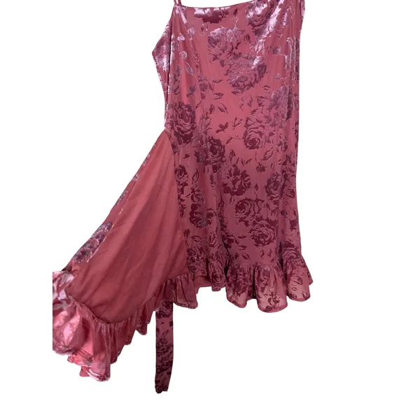 Free People Intimately Floral Burnout Velvet Wrap Mini Dress Wine XS - Image 4