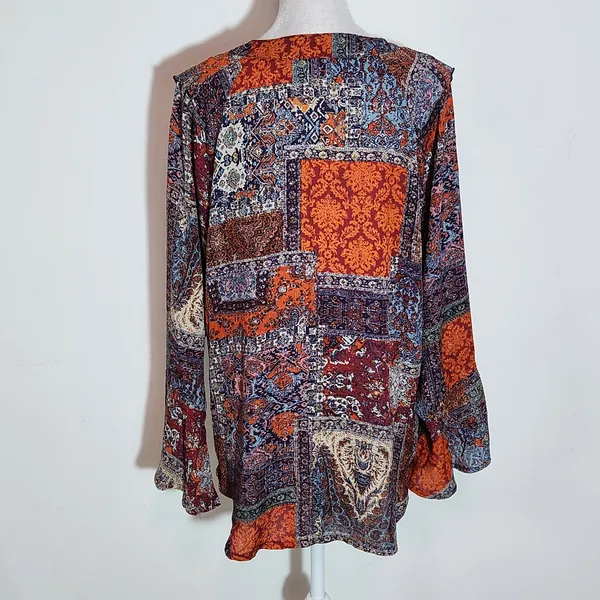 New Directions Multicolor Paisley Boho Blouse with Ruffle Accent Size Large Boho - Image 5