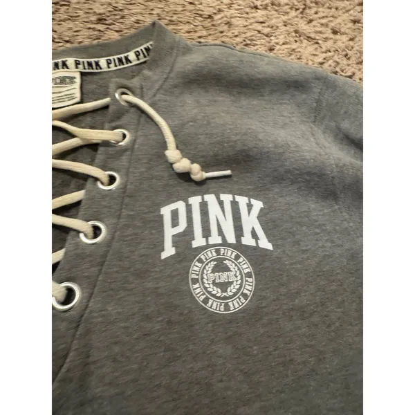 PINK Victoria's Secret Lace Up V Neck Sweatshirt XS Gray Athleisure‎ - Image 2