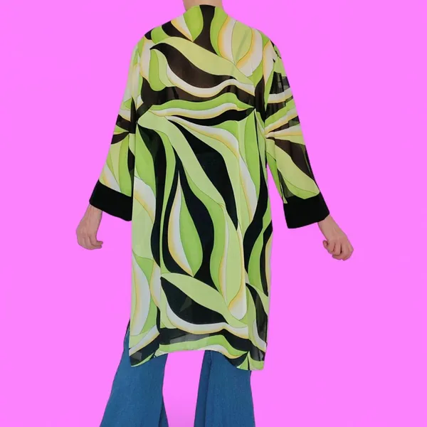 Vintage Green Black Abstract Edgy Art Open Long Sheer Cardigan - Image 6