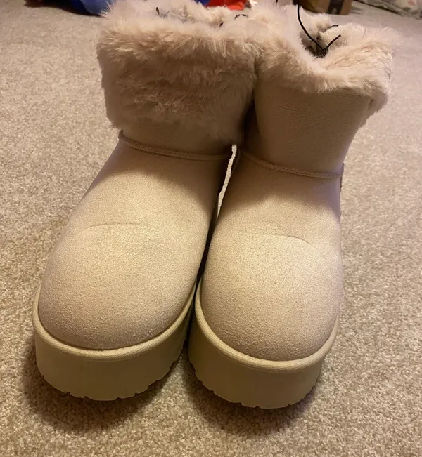 Nasty Gal Faux Fur Platform Mini Ankle Boots - Sand - Image 5