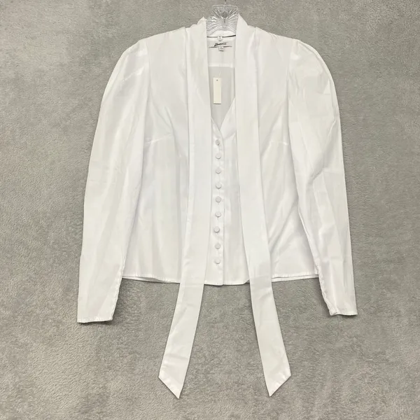 Madewell Top Womens XS White V Neck Puff Sleeve Blouse Tie Button‎ Cotton NY535 - Image 3