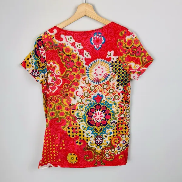 J. Crew Boho Printed Blouse Size 6 Multicolor Cotton Ramie Pleated‎ Keyhole Neck - Image 12