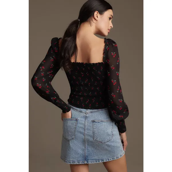 Reformation Pinto Black Long-Sleeve Rose Print Square-Neck Top Sz 10 - Image 10